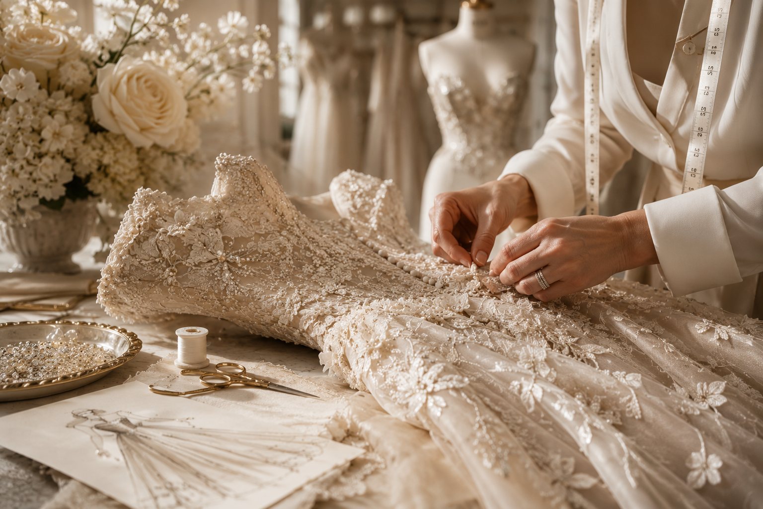 Beadwork applied by hand in the atelier