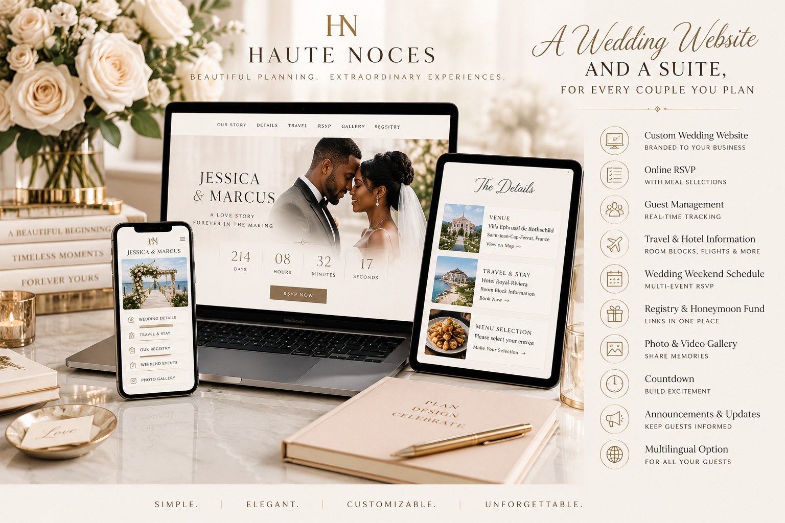 A wedding website and suite shown on laptop, tablet and phone, with the features listed alongside