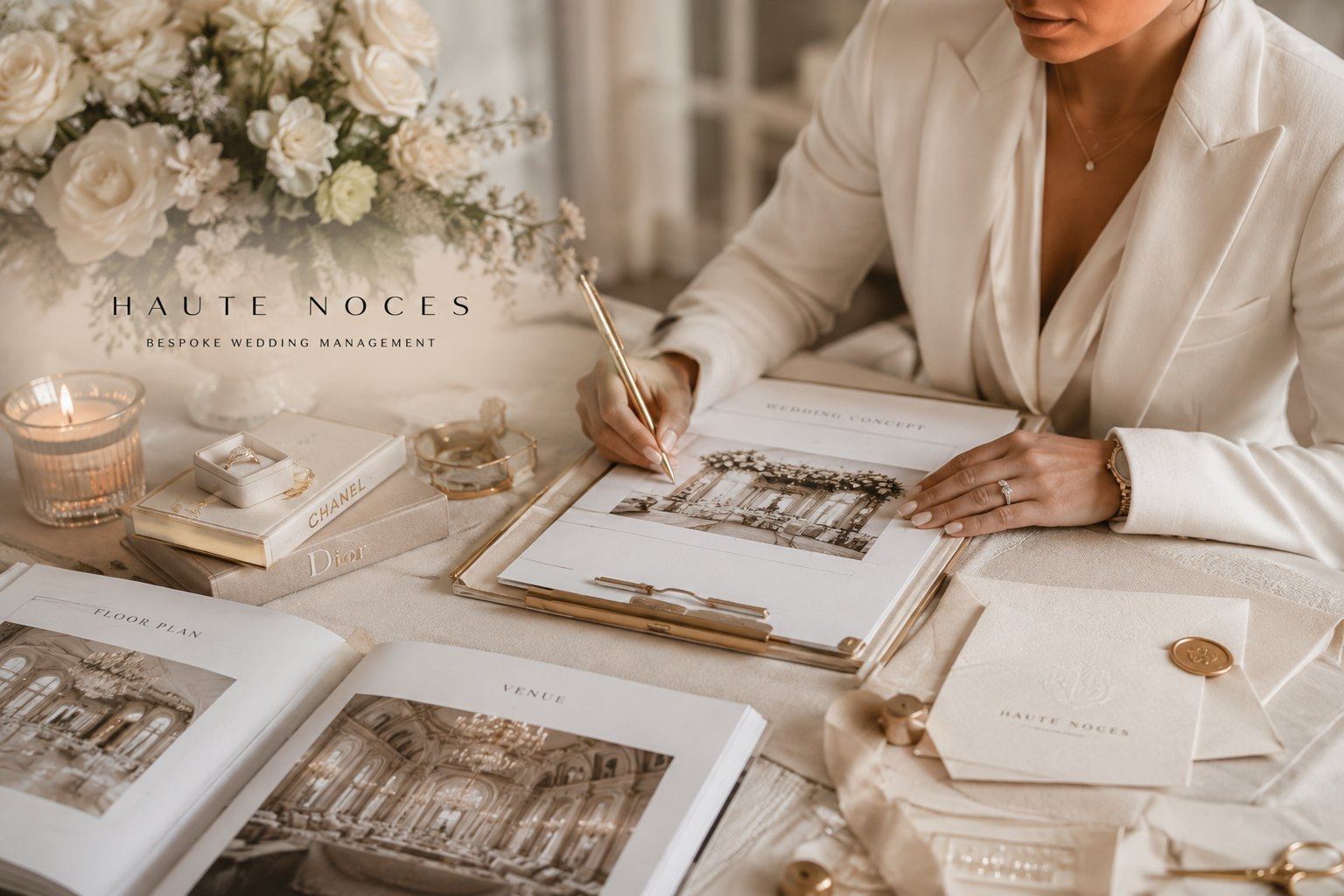 A wedding planner at work on a concept book